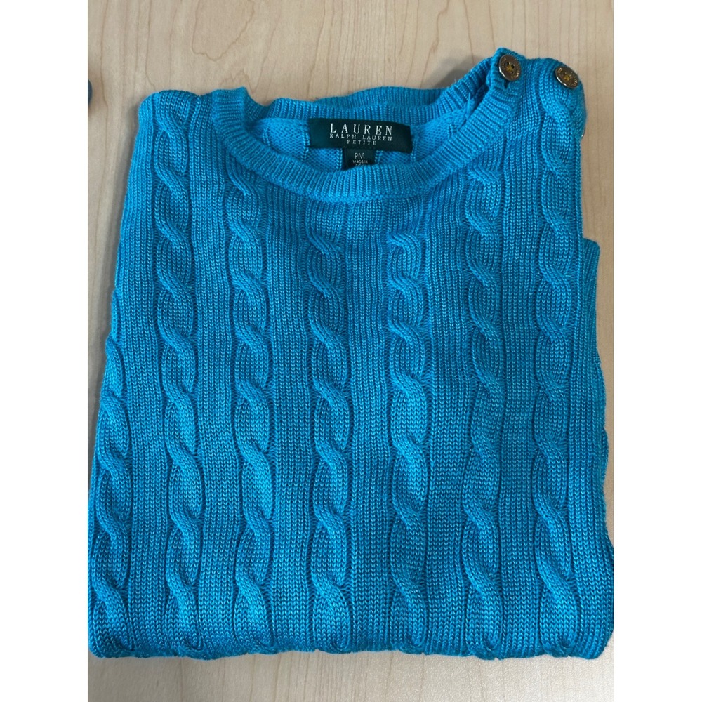 Lauren Ralph Lauren Petite Blue Cable Knit Shoulder Button Sweater PM